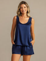 [Dark Blue] SilkSilky-UK 19Momme Machine-Washable Silk Sleeveless Scoop Neck Women's Pyjamas 003