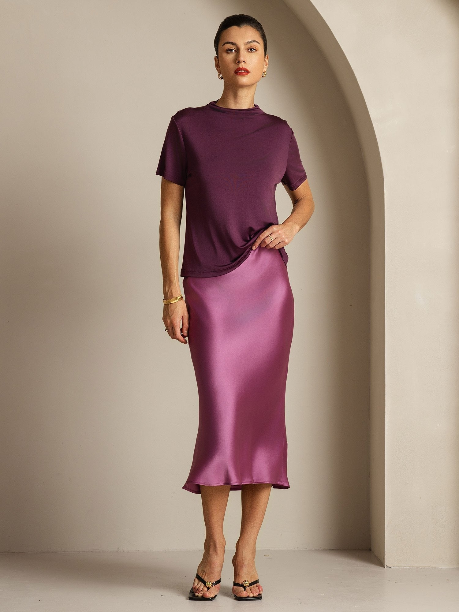 [Purple] SilkSilky-UK Pure Silk Collar Women's T-Shirt 007