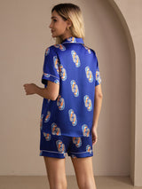 [Navy Seahorse] SilkSilky-UK Short Sleeve Lapel Collar Women's Pyjamas 002