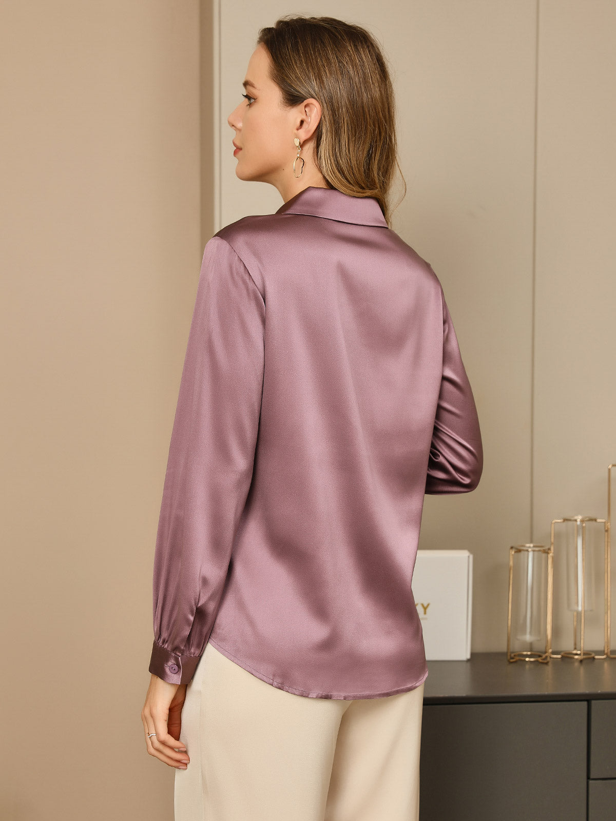 SilkSilky UK 19Momme Silk Long Sleeve Collar Women's Shirt PaleMauve 002