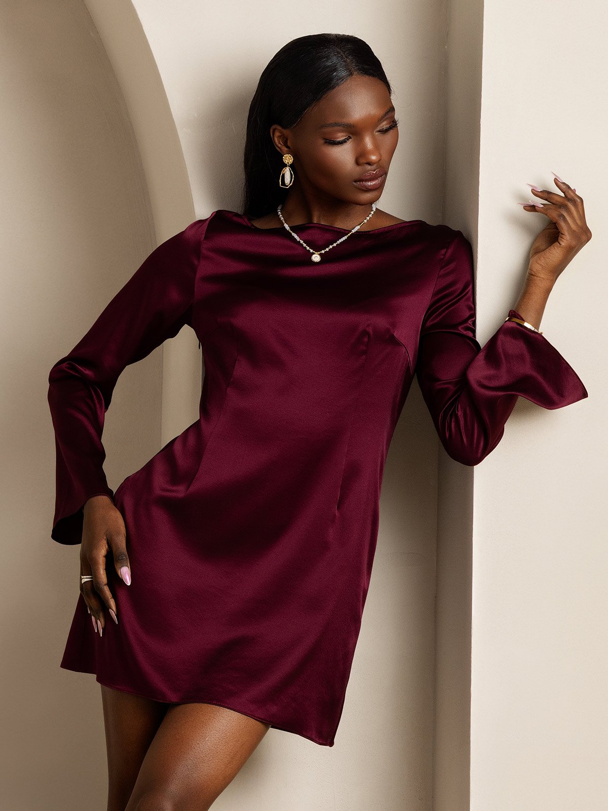 SilkSilky-UK 19Momme Silk Long Sleeve Boat Neck Dress DarkRed 001