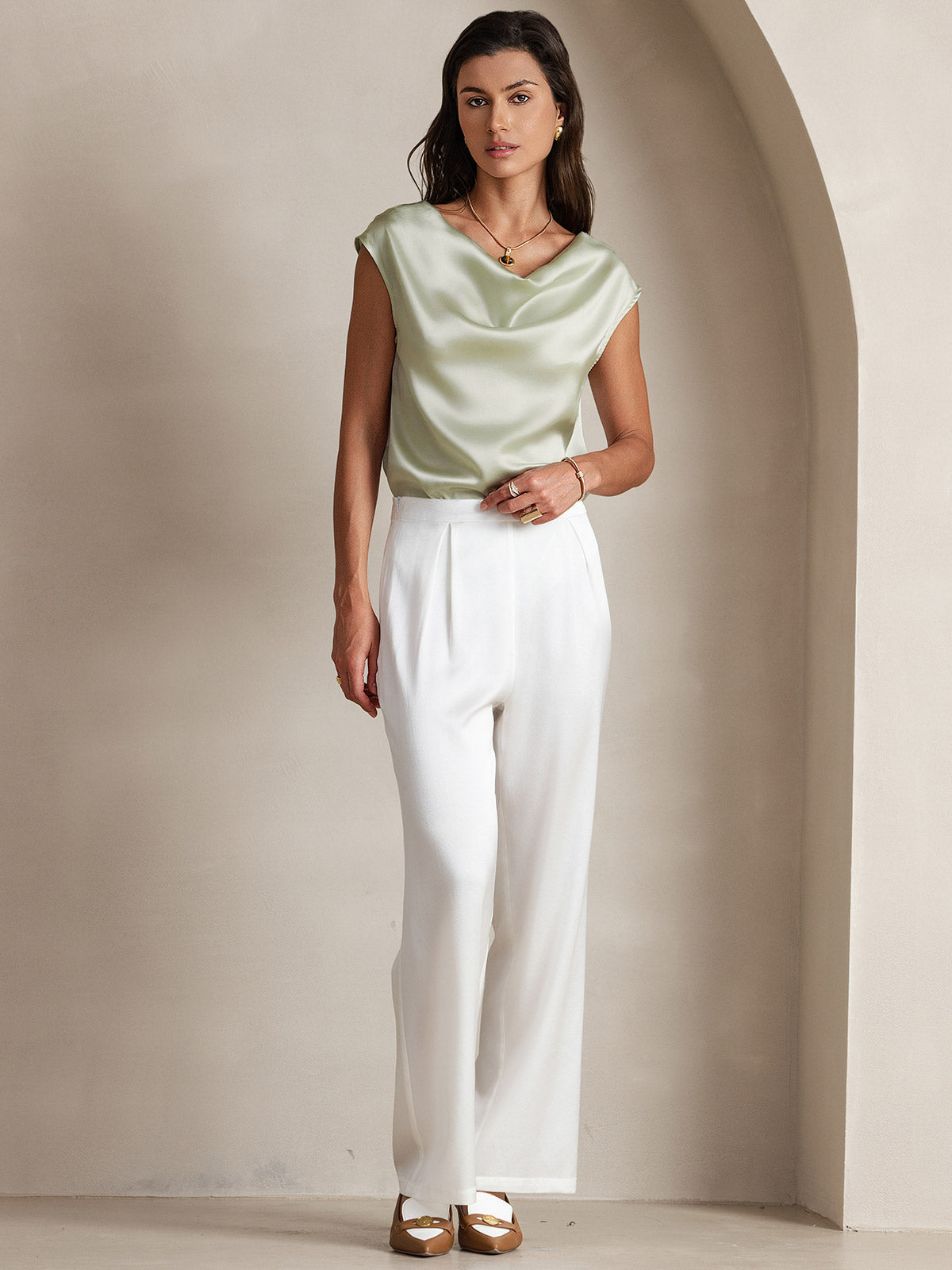 [Light Green] SilkSilky-UK 19Momme Silk Cap Sleeve Cowl Neck Women's T-Shirt 007