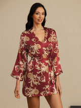 [Wine Dragon] SilkSilky-UK 3/4 Sleeve V Neck Women's Dressing Gown 004