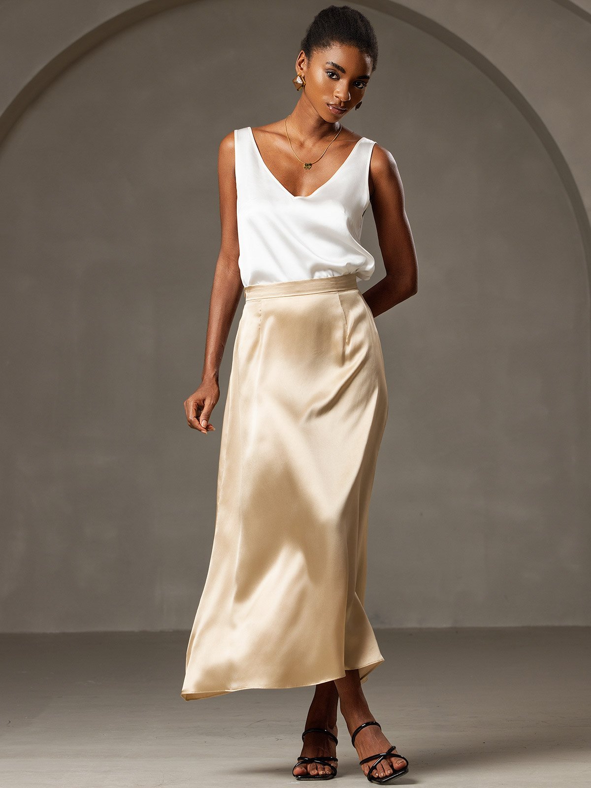 [Champagne] SilkSilky-UK 19Momme Stretch Silk Charmeuse Skirt 003