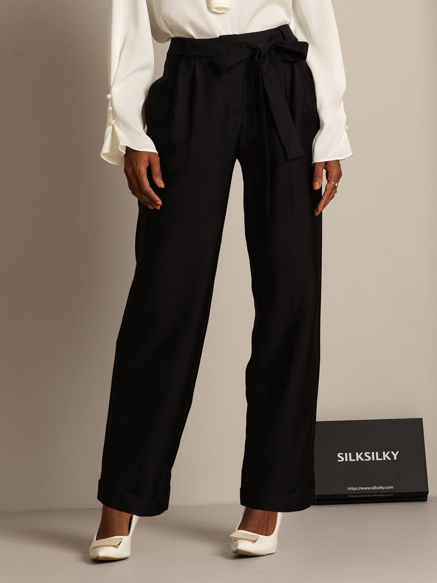 [Black] SilkSilky-UK 32Momme Silk-Wool Blend Womens Pants 001,