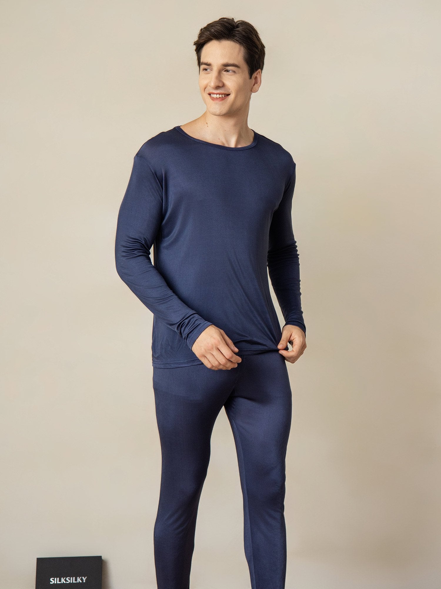 [DarkBlue] SilkSilky-UK Silk Knitted Round Neck Men's Pyjamas 002