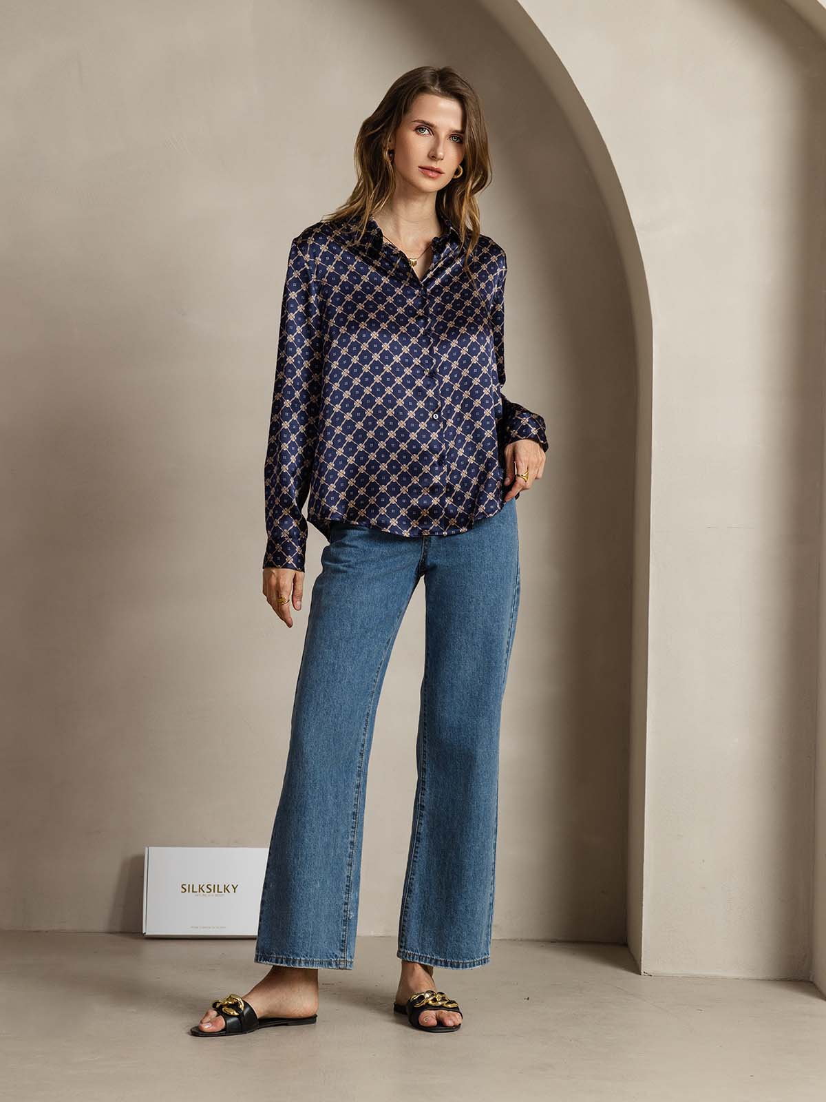 [Navy Chain] SilkSilky-UK Silk Long Sleeve Collar Women's Shirt 008