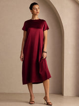 [Dark Red] SilkSilky-UK Short Sleeve Crew Neck Dress 001