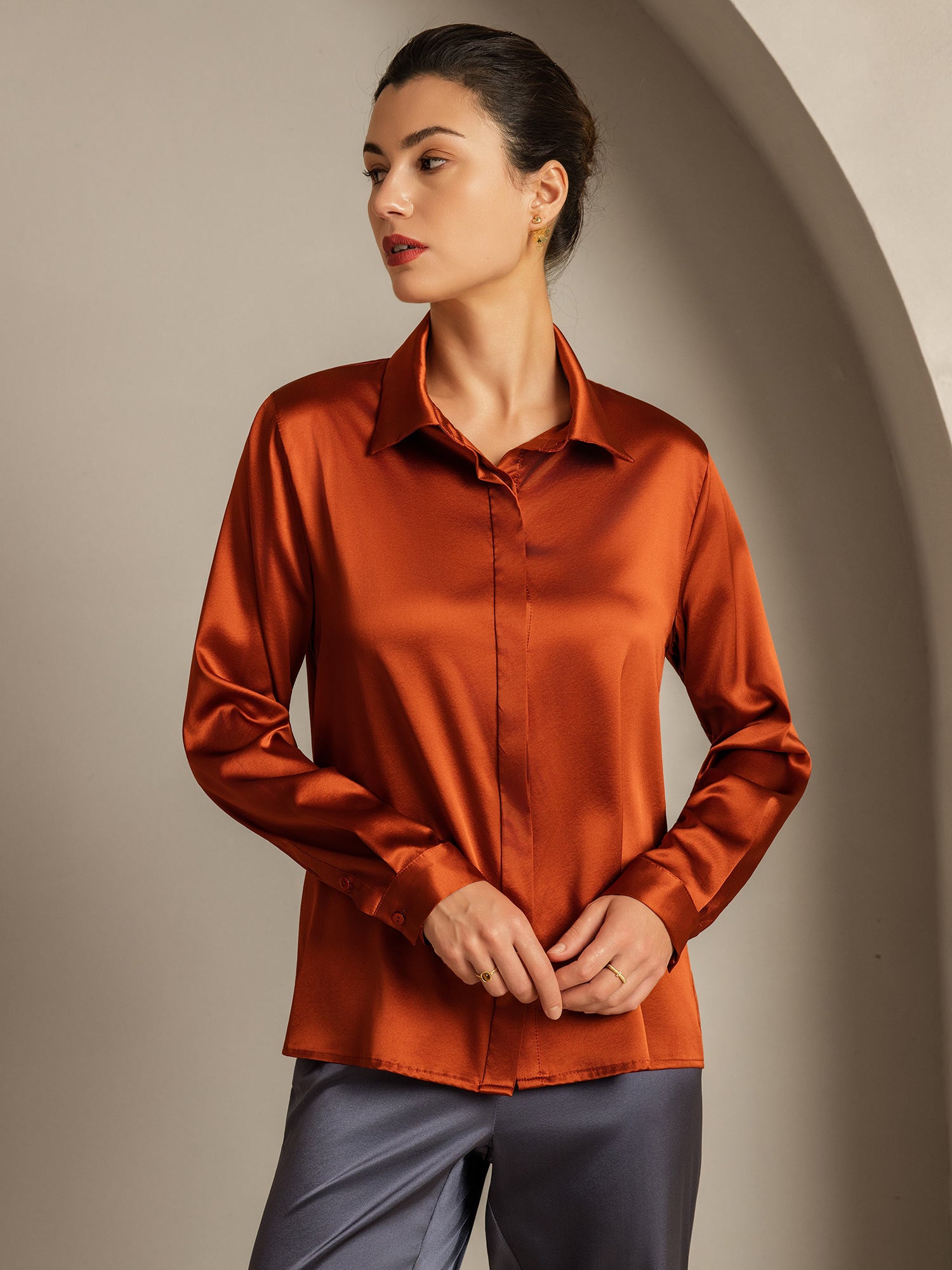 [Caramel] SilkSilky-UK 19Momme Silk Collar Women's Shirt 001