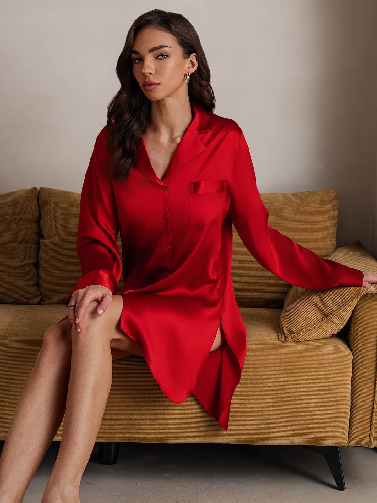 [Red] SilkSilky-UK Pure Silk Collar Nightdress 007
