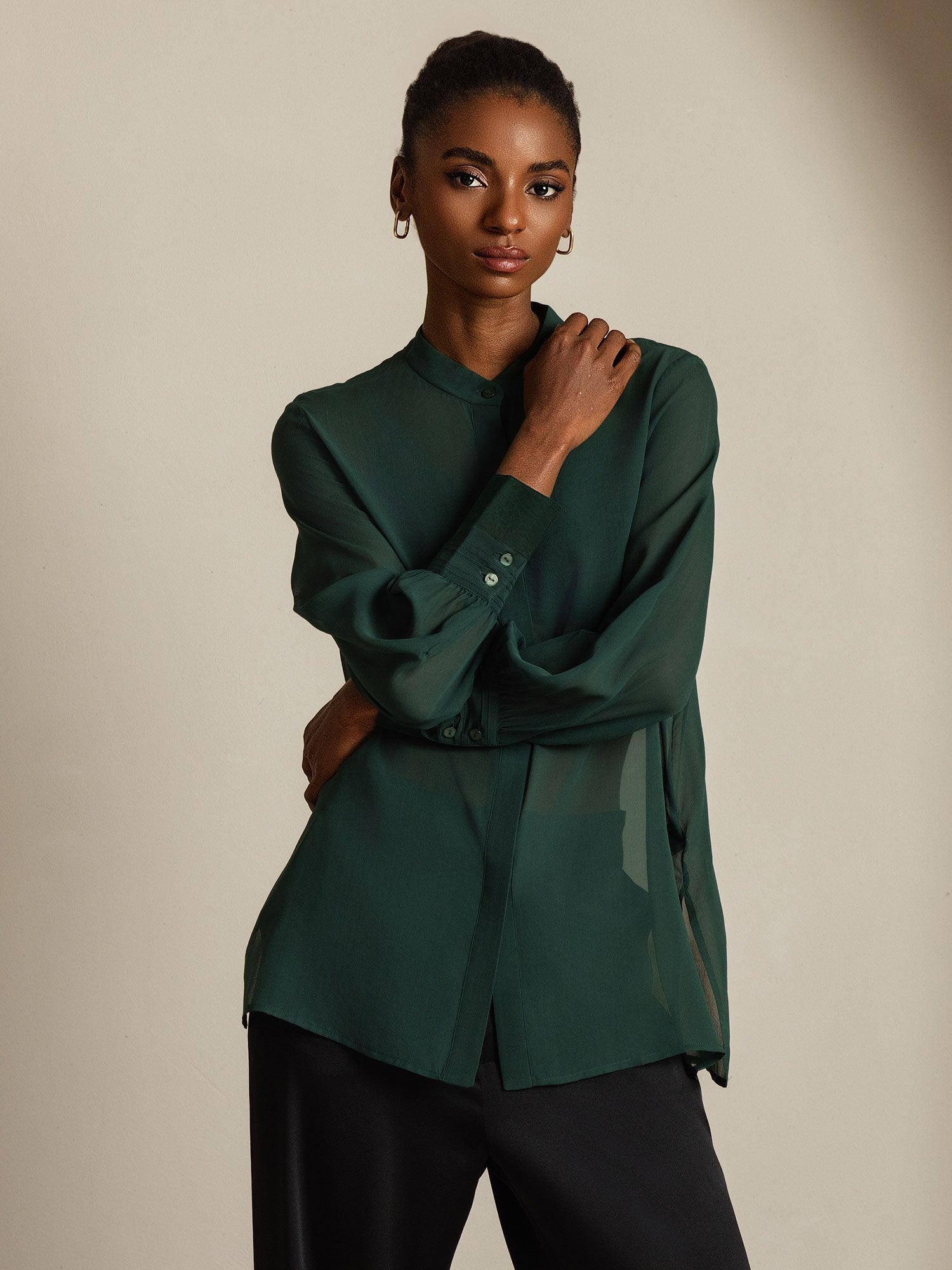 [Dark Green] SilkSilky-UK Pure Silk Split Women's Shirt 003