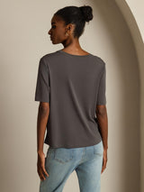 [Gray] SilkSilky-UK 100% High-Twist Silk Jersey Short Sleeve V Neck Women's T-Shirt 002