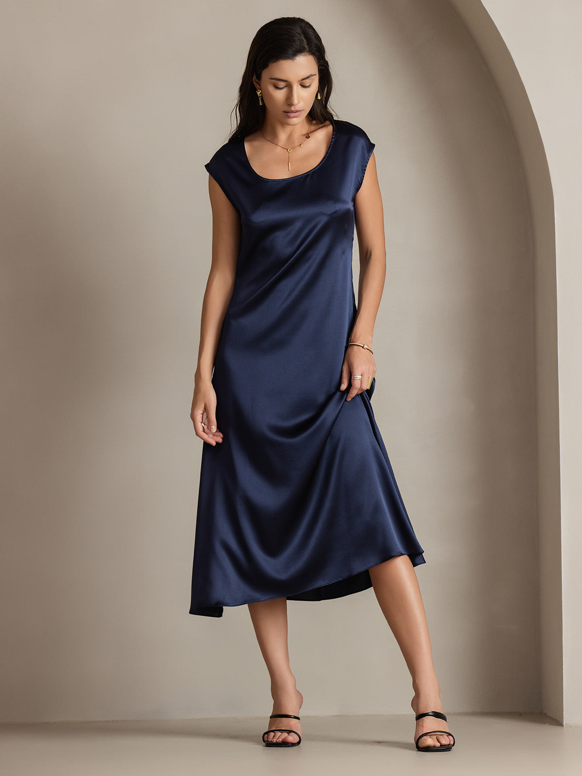 [Dark Blue] SilkSilky-UK 19Momme Silk Round Neck Dress 004