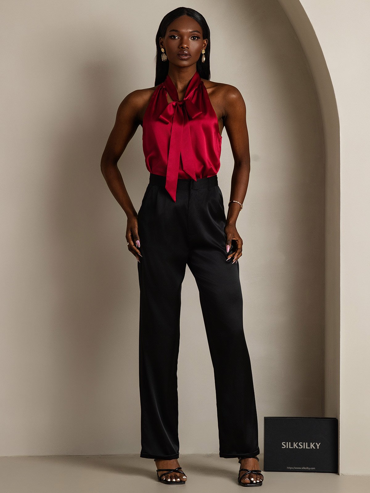 SilkSilky-UK 19Momme Silk Sleeveless Tie Neck Women's Shirt Wine 006