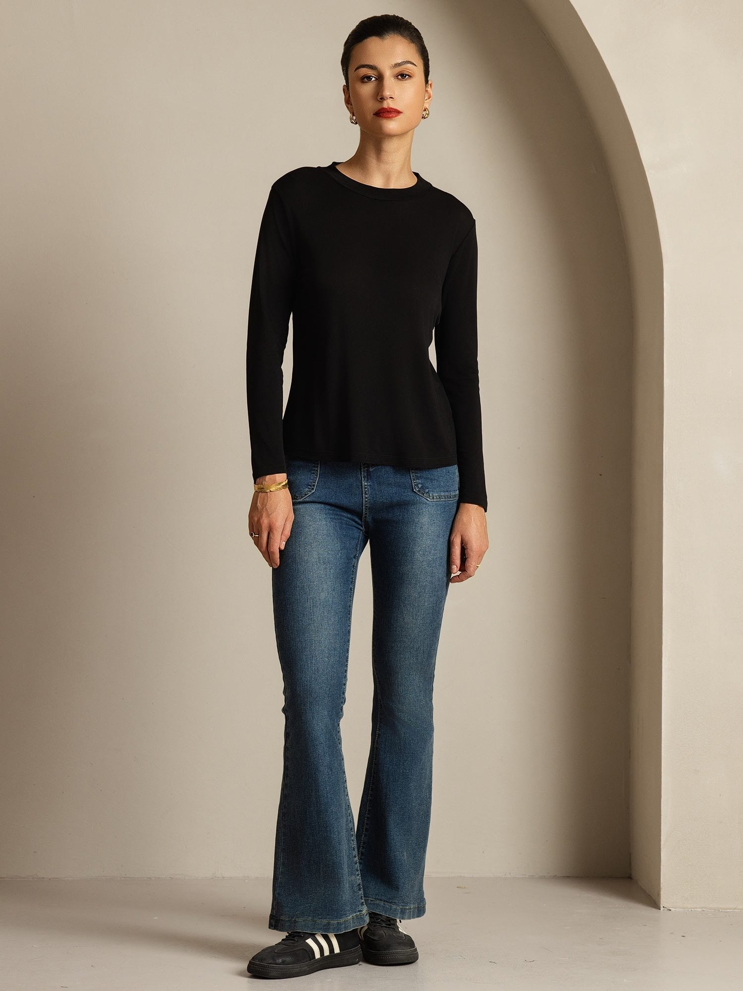 [Black] SilkSilky-UK 100% Silk Jersey Long Sleeve Crew Neck Women's T-Shirt 008