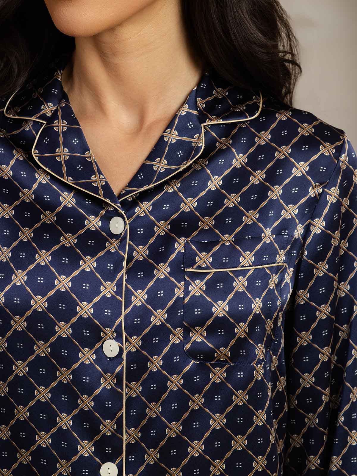 [Navy Chain] SilkSilky-UK Pure Silk Womens Pajamas 006