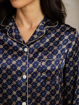 [Navy Chain] SilkSilky-UK Long Sleeve Lapel Collar Women's Pyjamas 006