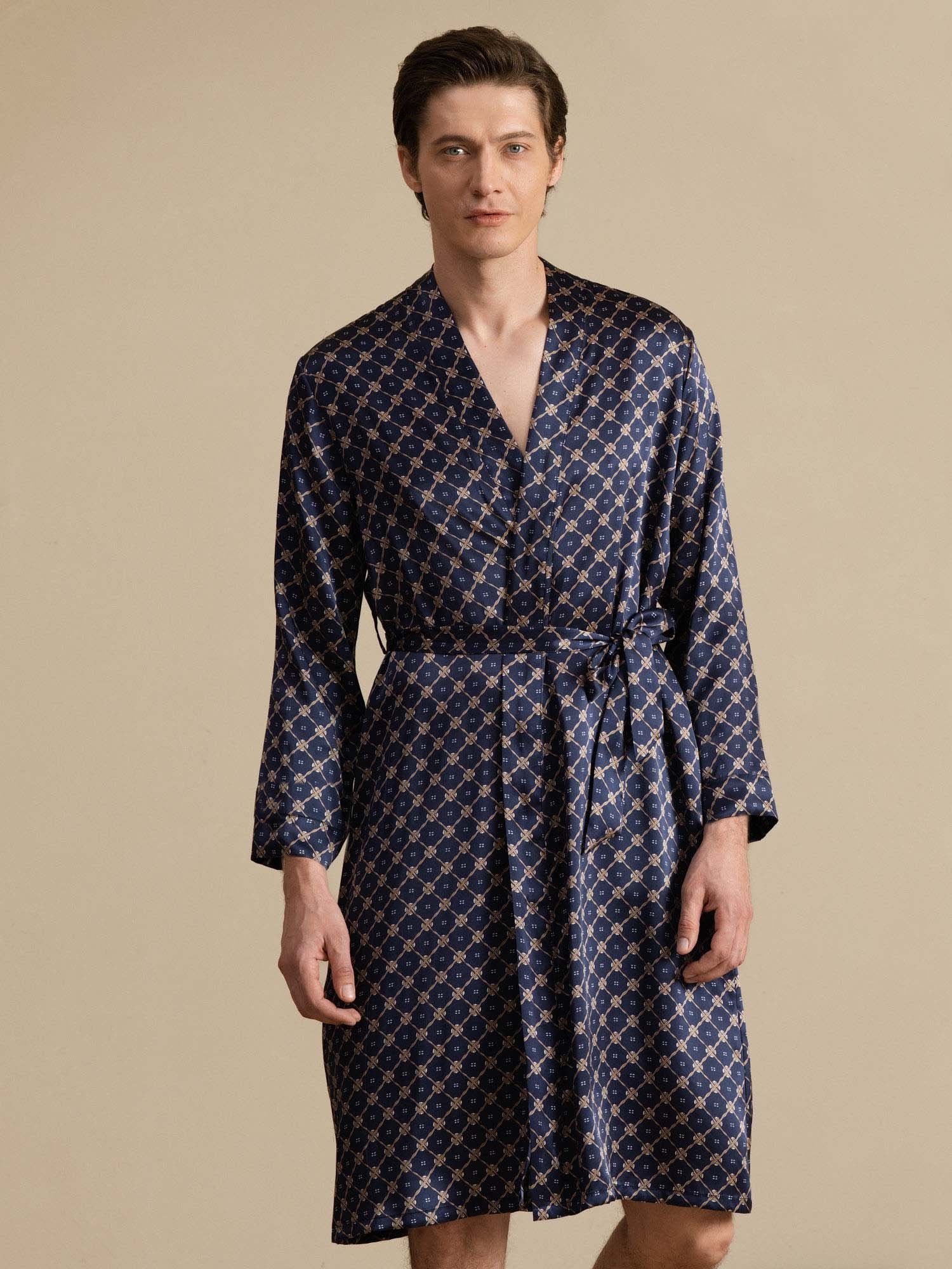 [Navy Chain] SilkSilky-UK Long Sleeve Men's Dressing Gown 001