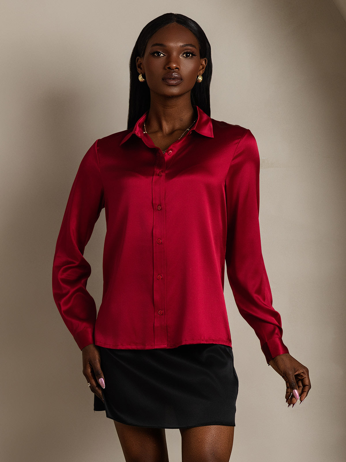 SilkSilky-UK 19Momme Silk Long Sleeve Collar Women's Shirt Wine 009