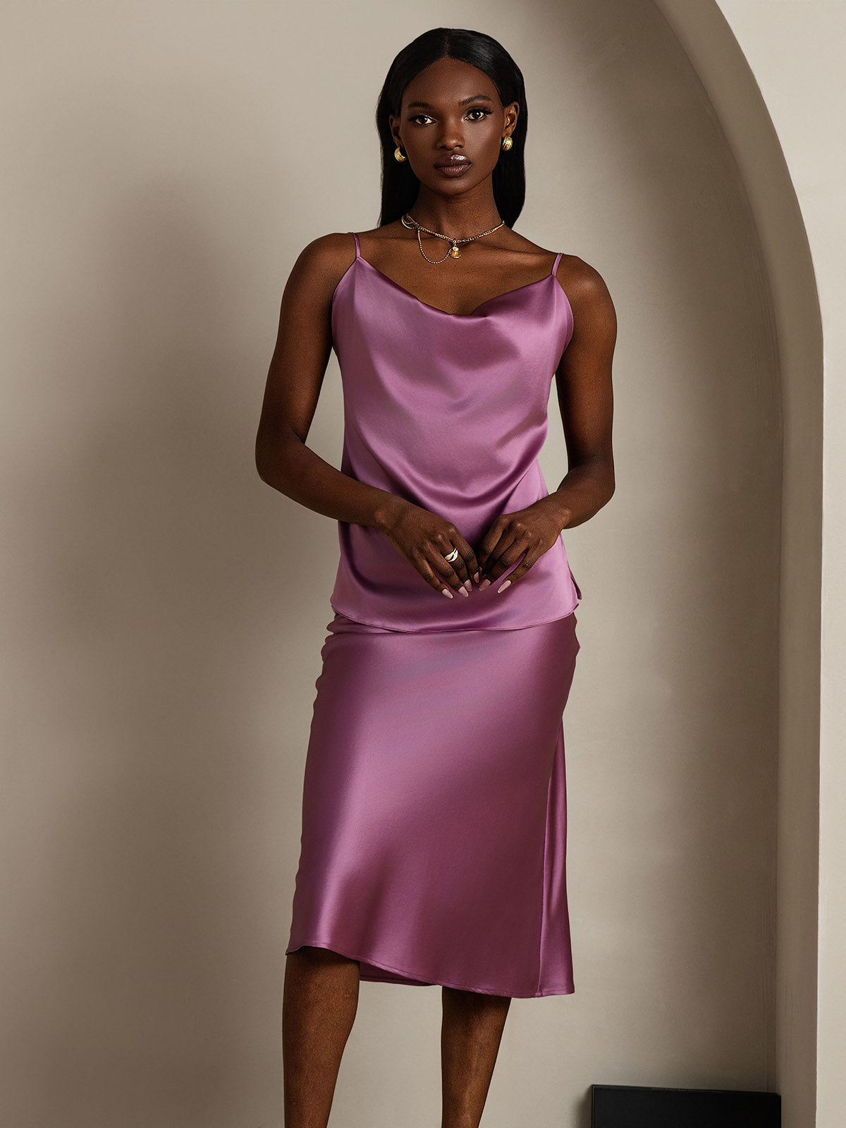 [Deep Purple] SilkSilky-UK 19Momme Silk Spaghetti Strap Cowl Neck Camisole 004