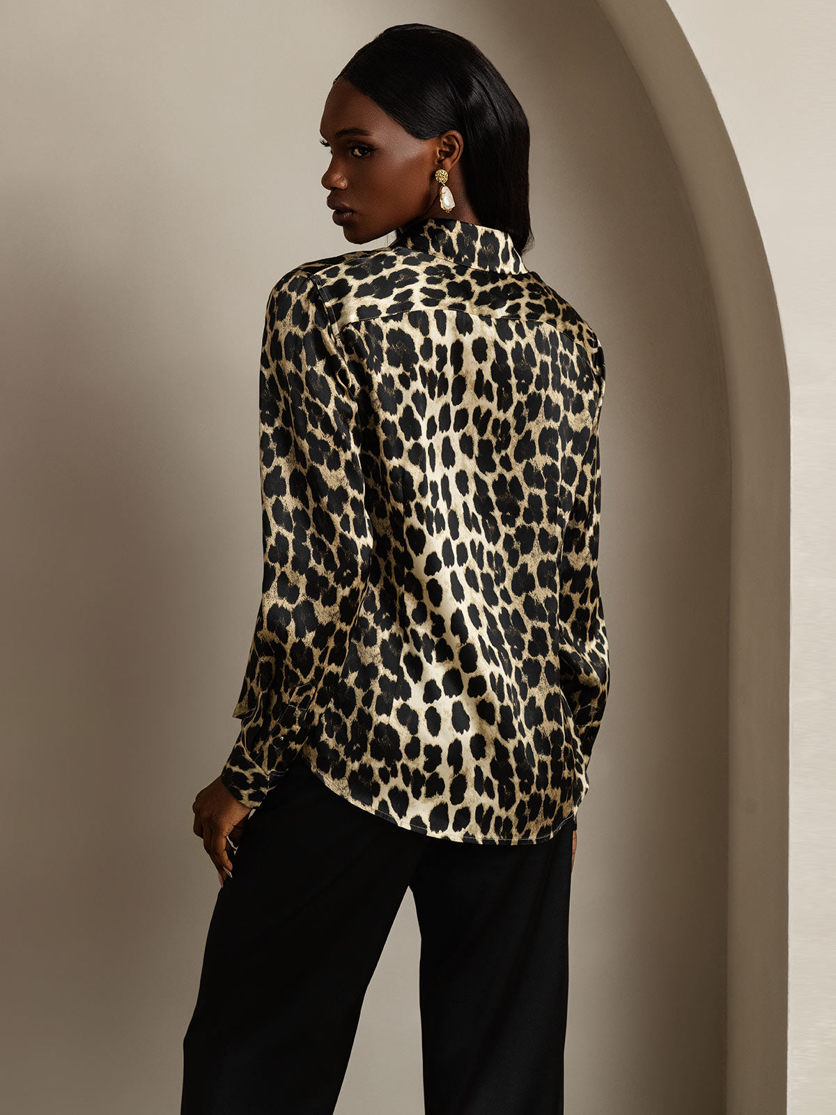 SilkSilky-UK Silk Long Sleeve Collar Women's Shirt Leopard 002