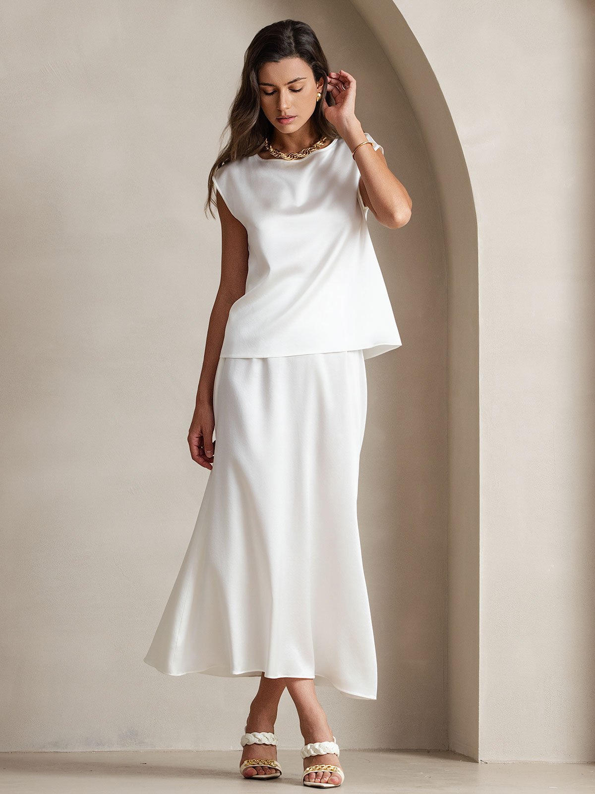 [White] SilkSilky-UK 19Momme Silk Round Neck Women's T-Shirt 004