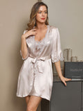 SilkSilky UK Pure Silk Half Sleeve Nightgown&Robe Set Beige 003