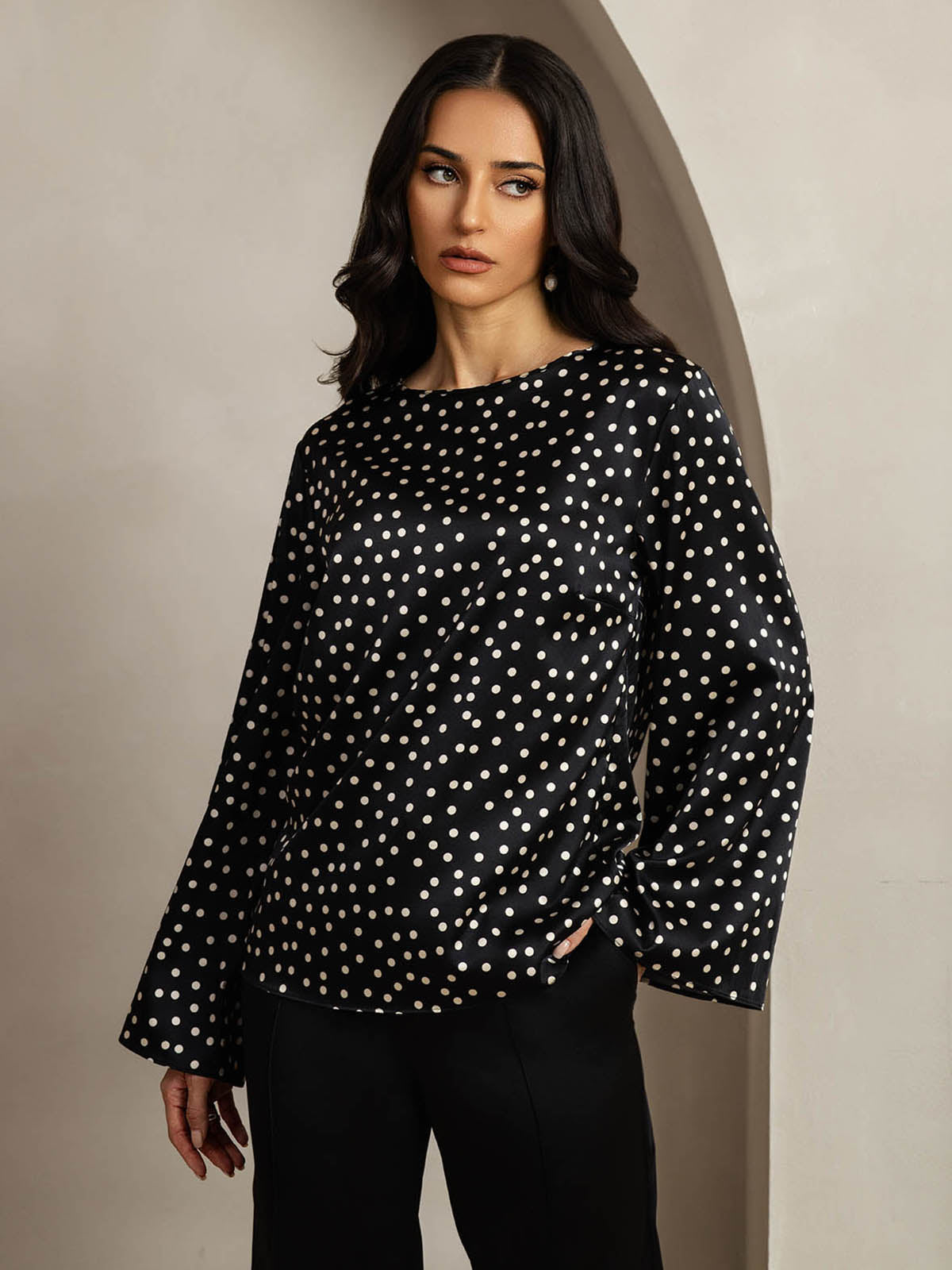 [Polka Dot] SilkSilky-UK 19Momme Silk Round Neck Women's T-Shirt 001