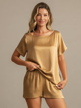 [Tan] SilkSilky-UK 19Momme Machine-Washable Silk Short Sleeve Round Neck Women's Pyjamas 003
