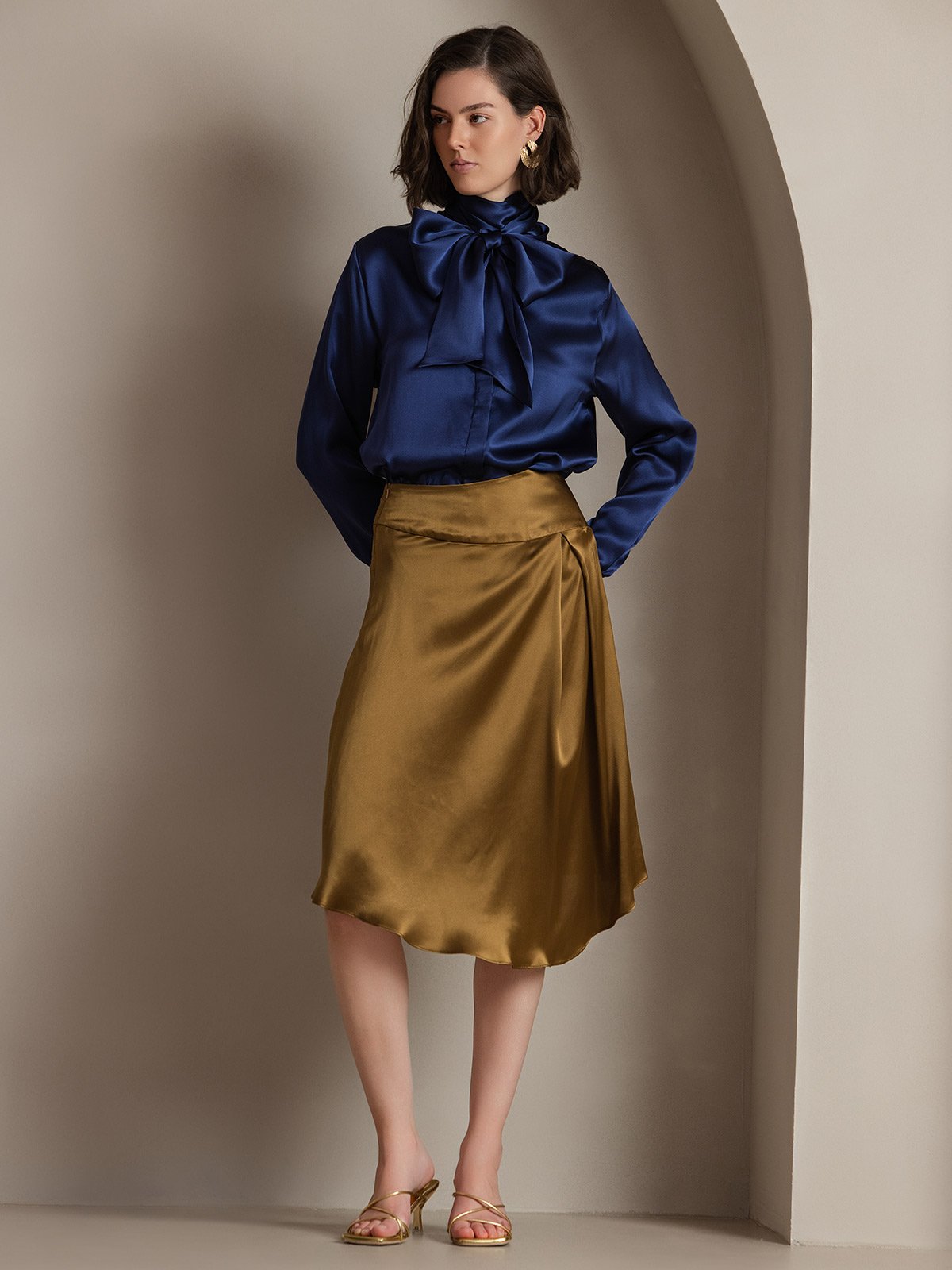 [Dark Blue] SilkSilky-UK 19Momme Silk Long Sleeve Tie Neck Blouse 001