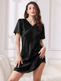 SilkSilky-UK-Pure-Silk-Short-Sleeve-V-Neck-Nightdress-Black-001