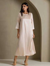 [Beige] SilkSilky-UK 3/4 Sleeve Round Neck Dress 006