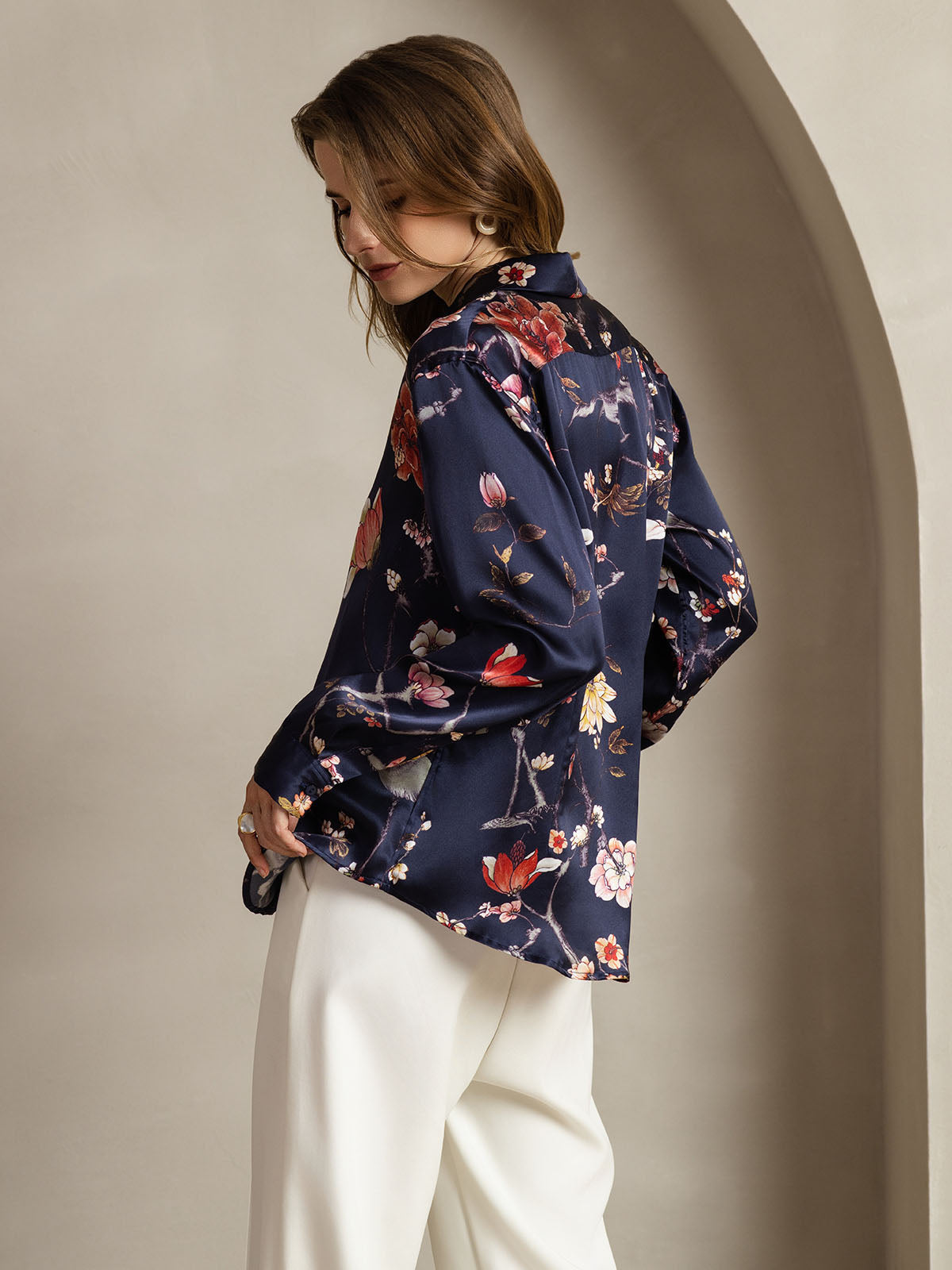 [Navy Floral] SilkSilky-UK Silk Long Sleeve Collar Women's Shirt 002
