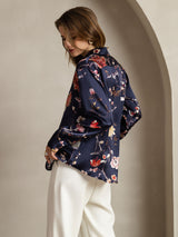 [Navy Floral] SilkSilky-UK Long Sleeve Lapel Collar Women's Shirt 002