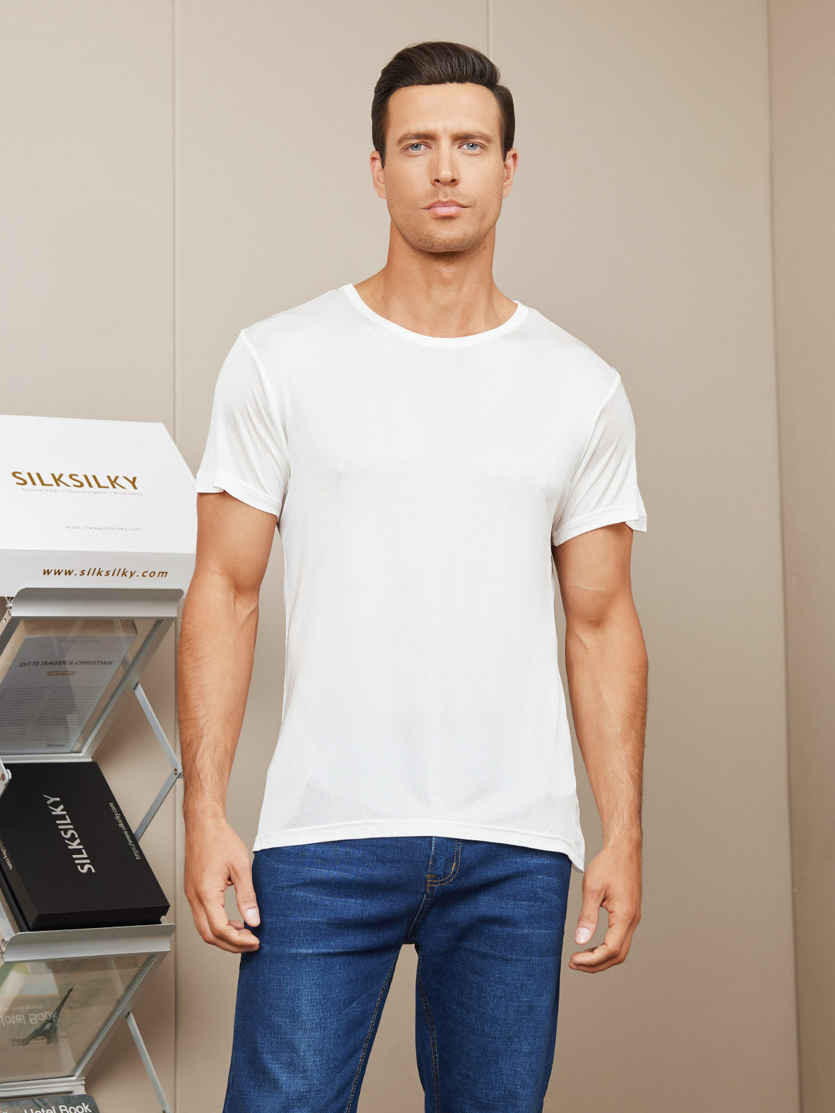 SilkSilky-UK Silk Knitted Short Sleeve Round Neck Men's T-Shirt White 001