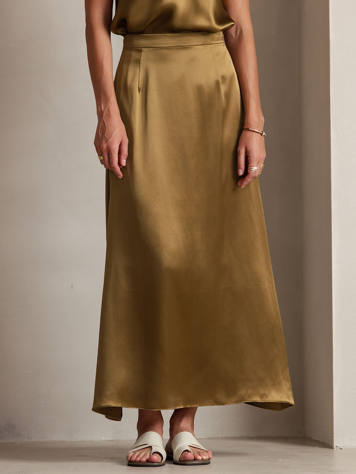 [Brown] SilkSilky-UK 19Momme Stretch Silk Charmeuse Skirt 001