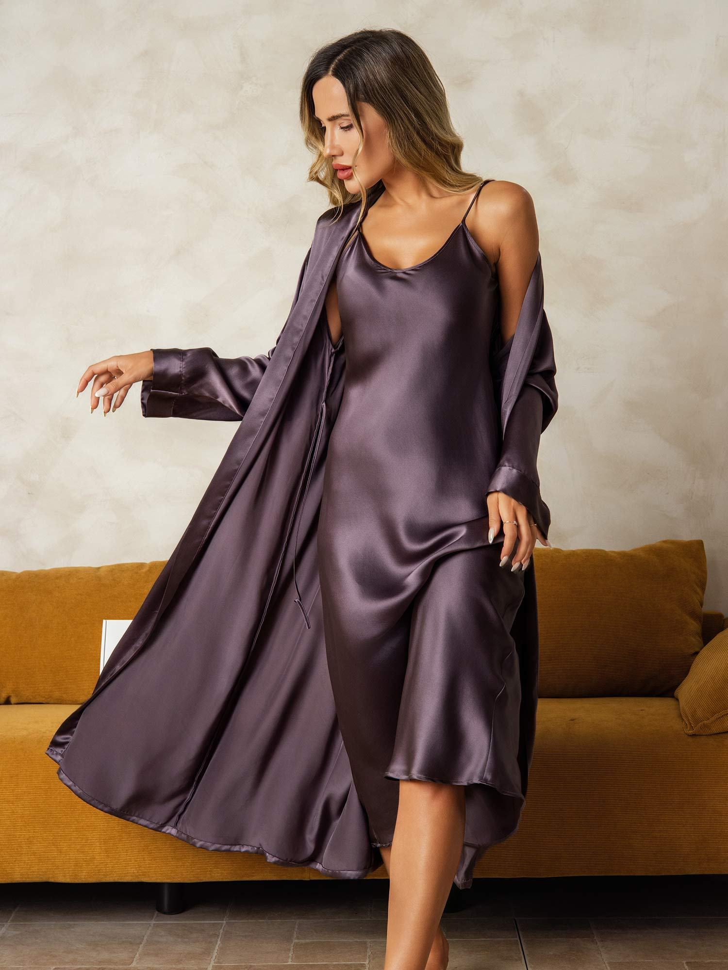 [Purple Gray] SilkSilky-UK Long Sleeve V Neck Nightdress&Dressing gowns 001