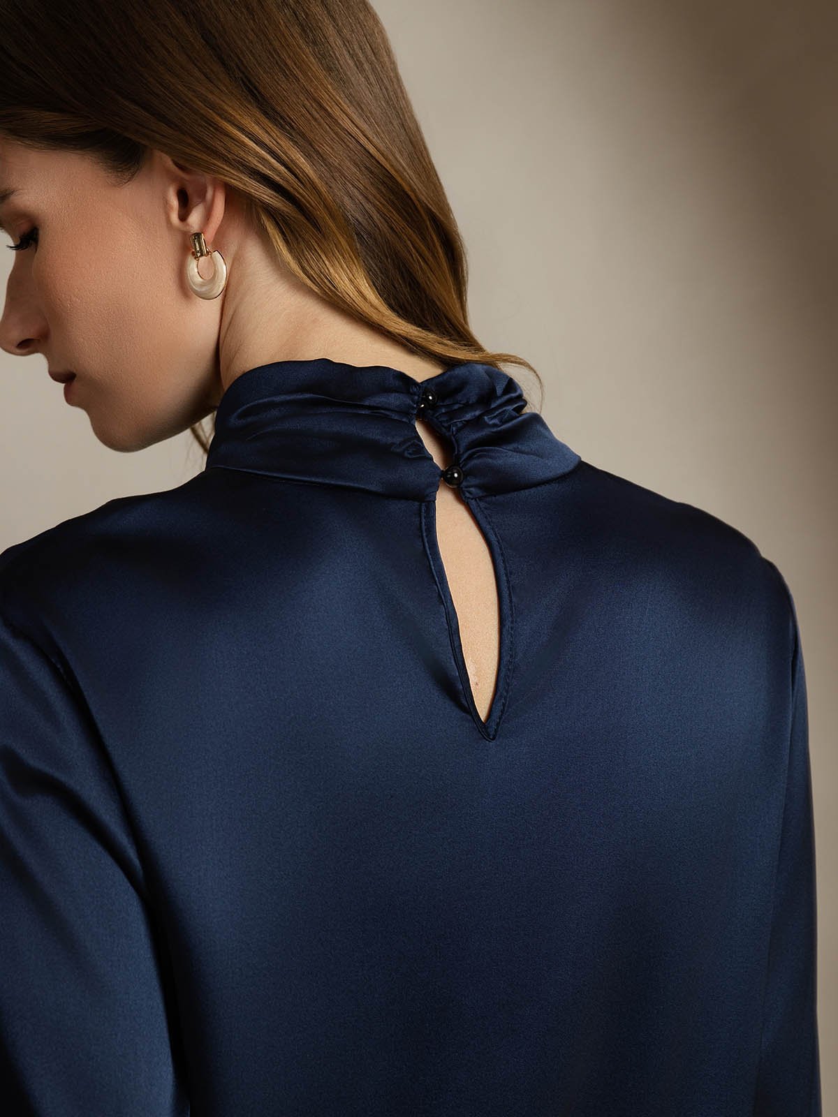 [DarkBlue] SilkSilky-UK 19Momme Silk Keyhole Neck Women's Shirt 004