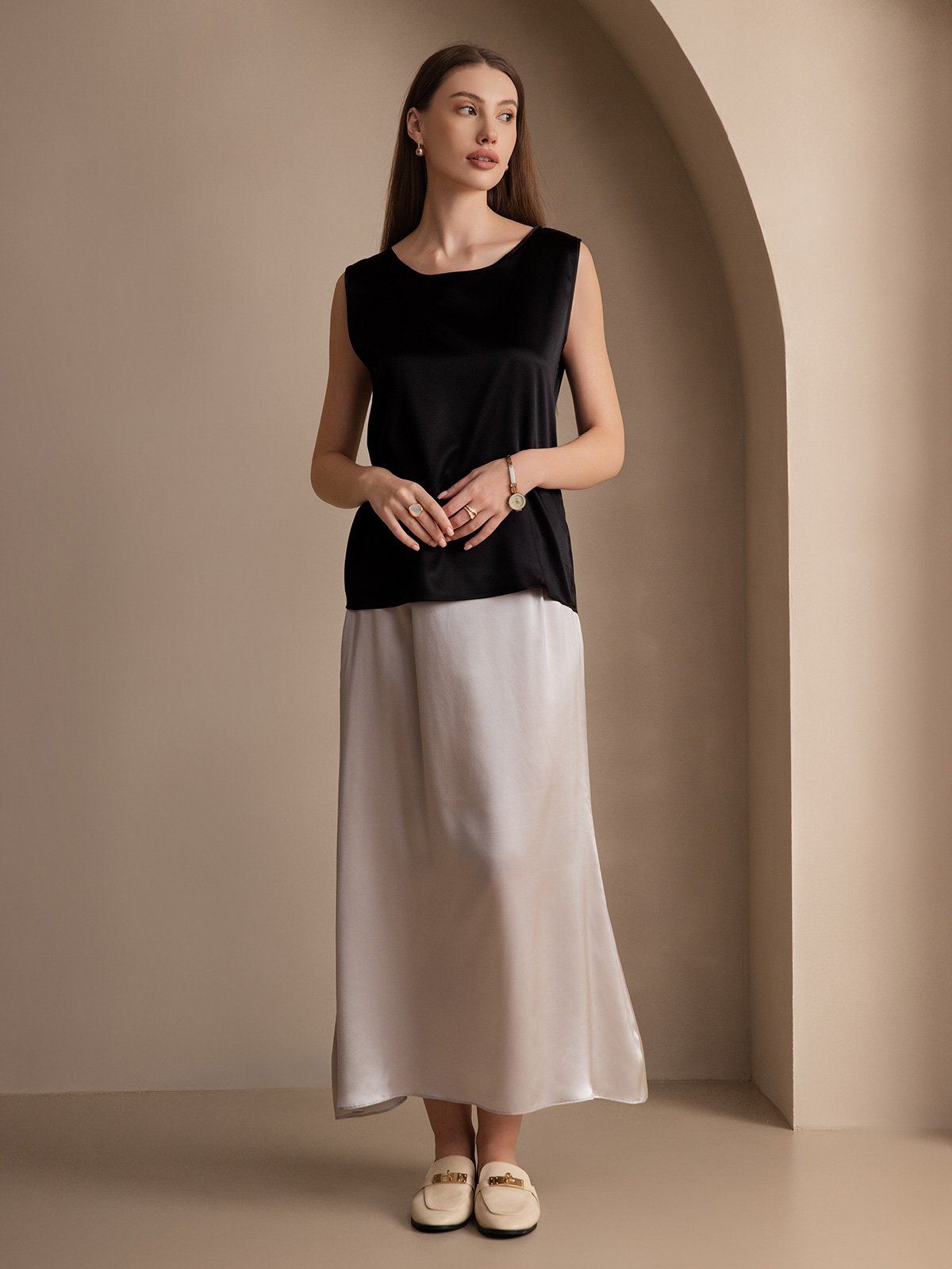 [Black] SilkSilky-UK 19Momme Silk Round Neck Camisole 005