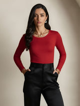 [Wine] SilkSilky-UK Silk Jersey Long Sleeve Round Neck Women's T-Shirt 005