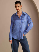 [Blue Pinstripe] SilkSilky-UK Long Sleeve Lapel Collar Women's Shirt 003