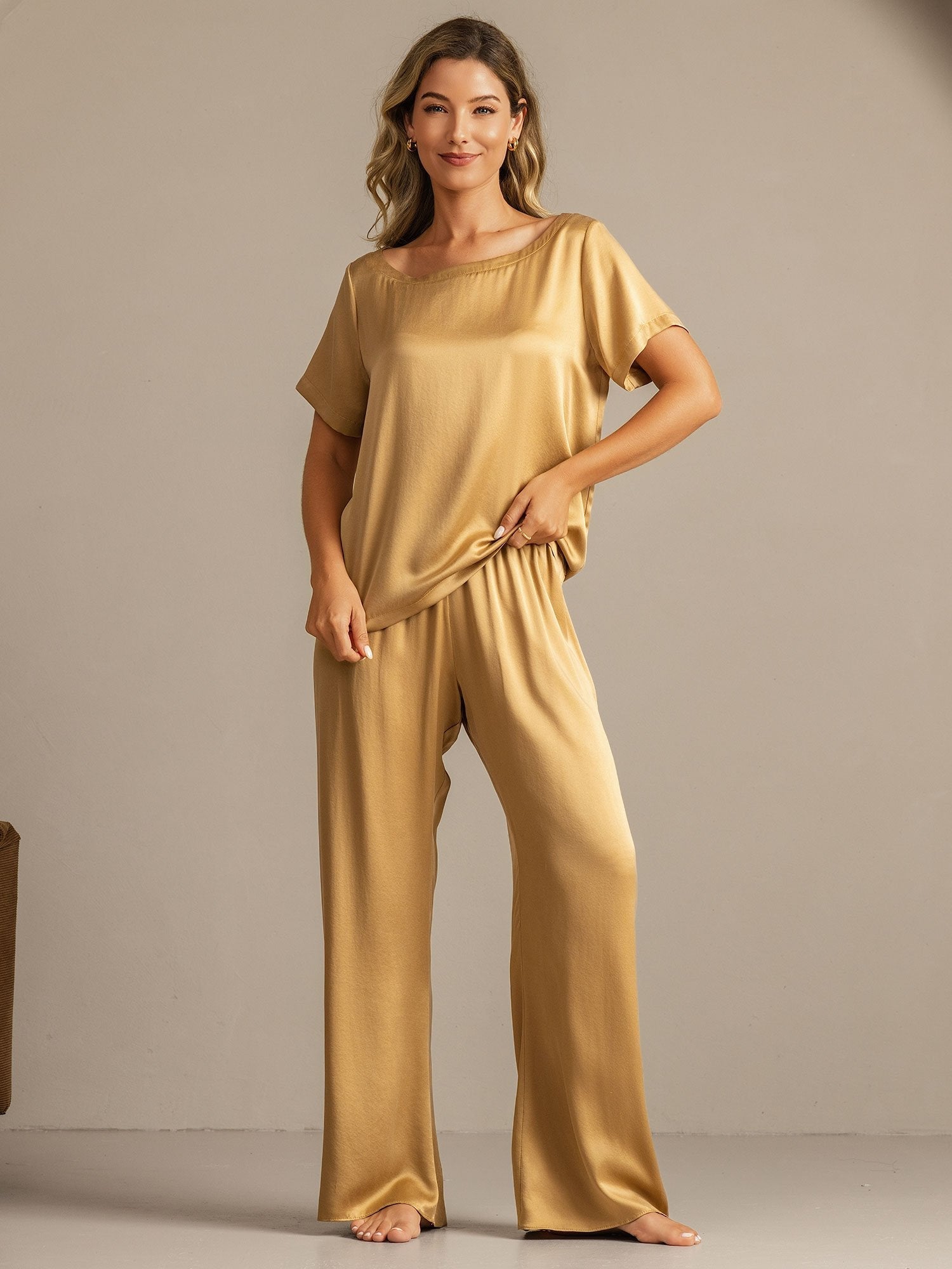 [Tan] SilkSilky-UK 19Momme Washable Silk Womens Pajamas 005