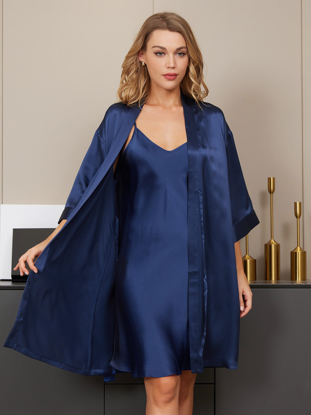 [Dark Blue] SilkSilky-UK Pure Silk V Neck Nightdress&Dressing gowns 005
