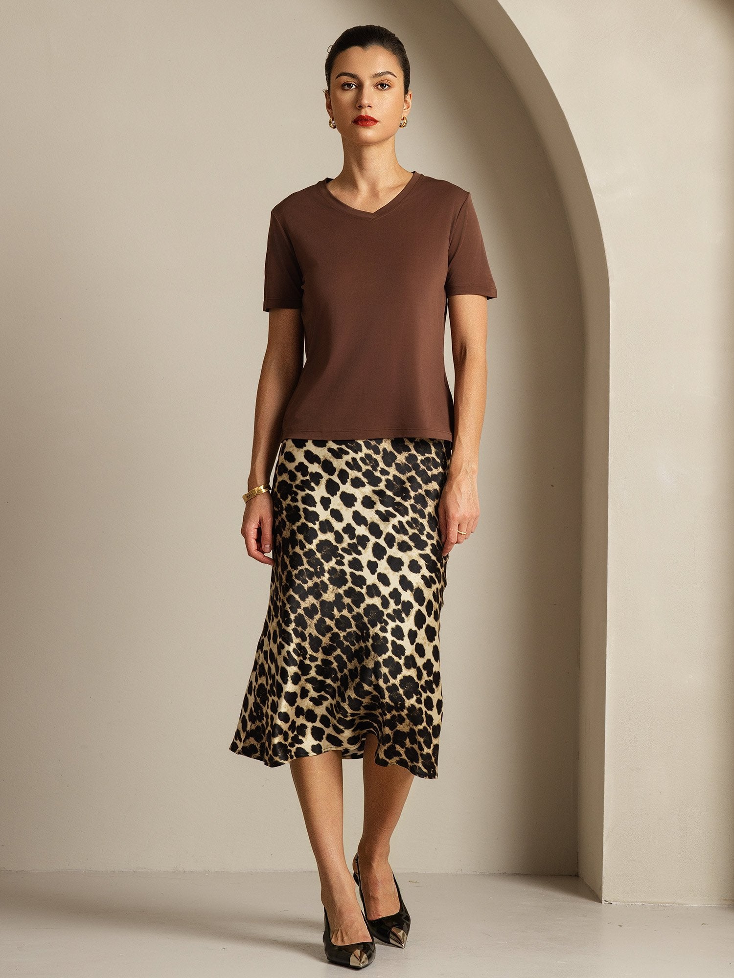 [Coffee] SilkSilky-UK Pure Silk V Neck Women's T-Shirt 008
