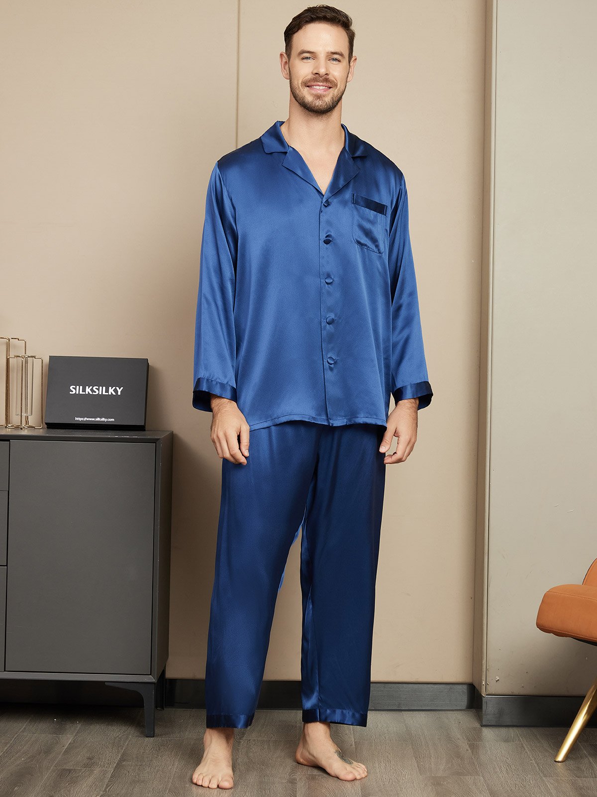 [Dark Blue] SilkSilky-UK Pure Silk Mens Pajamas 001