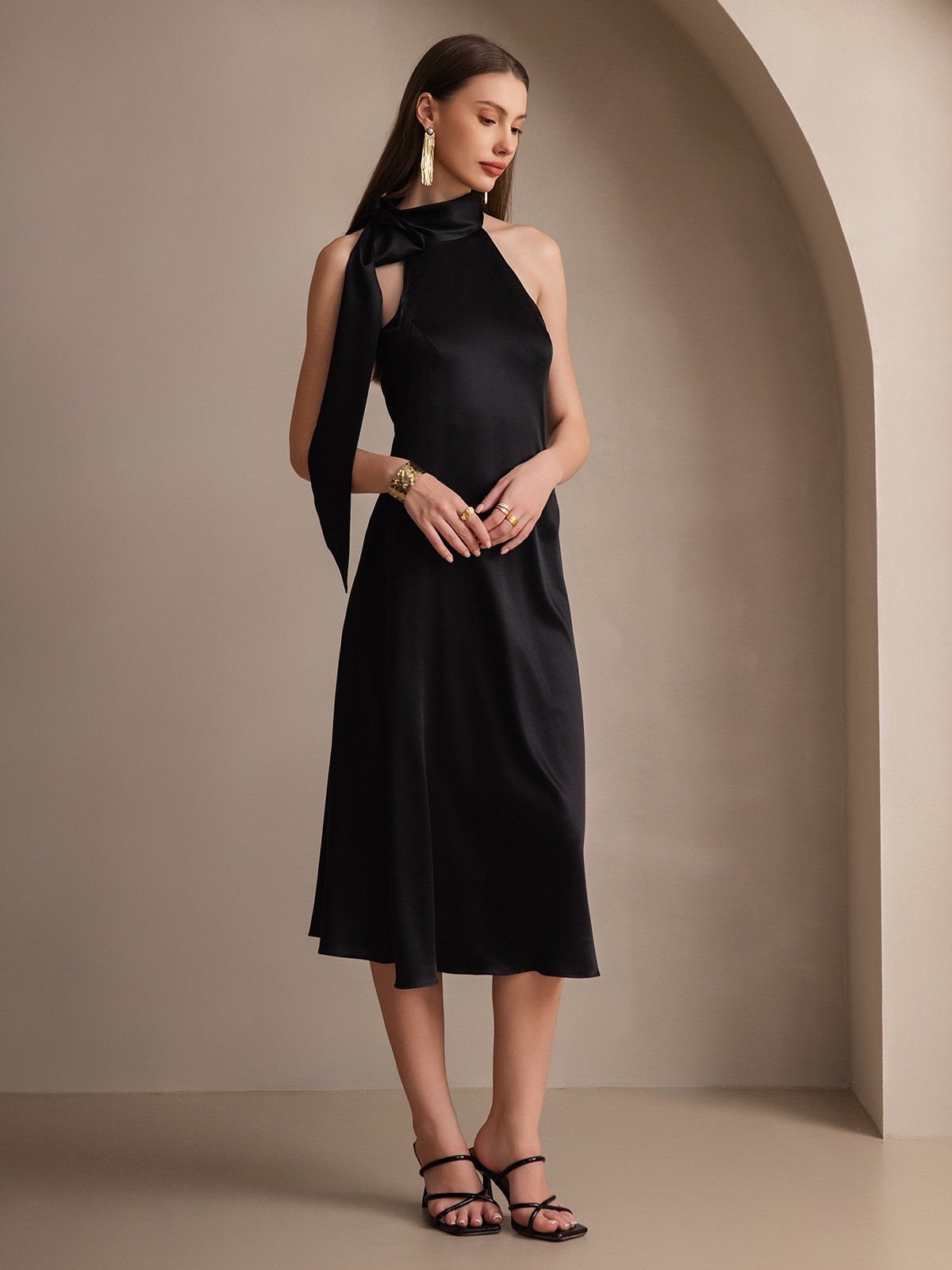 [Black] SilkSilky-UK 19Momme Silk Sleeveless Tie Neck Dress 006