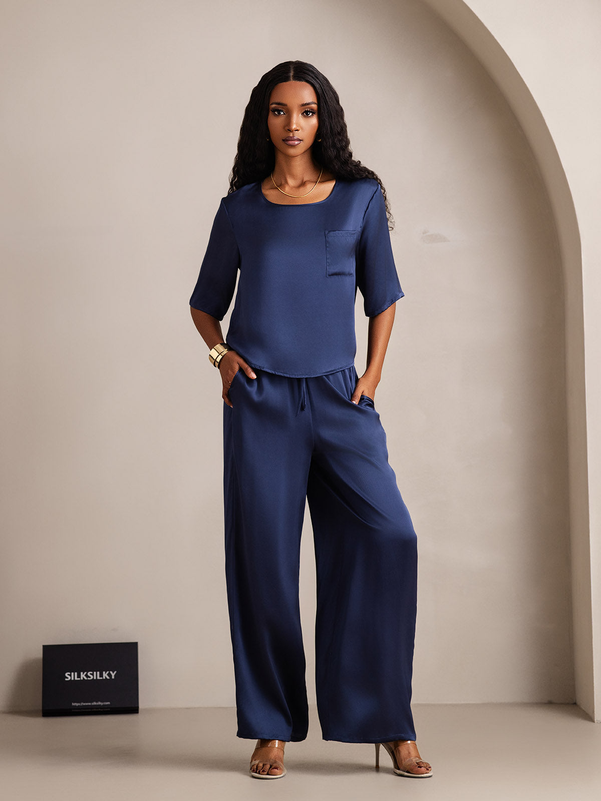 [Dark Blue] SilkSilky-UK Pure Silk Round Neck Women's Pyjamas 001