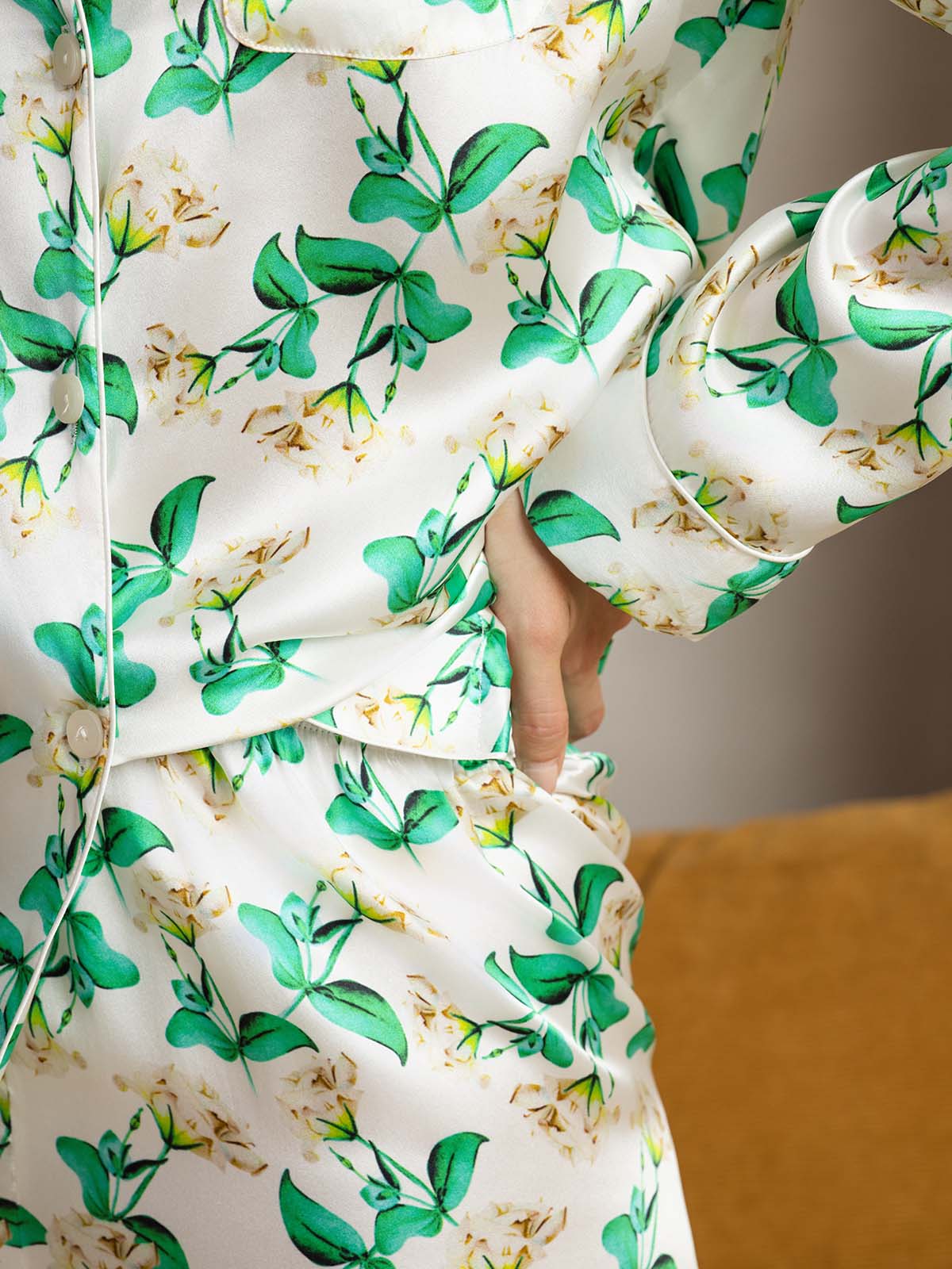 [Green Floral] SilkSilky-UK Pure Silk Womens Pajamas 008