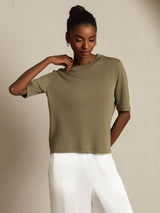[Burnt Olive] SilkSilky-UK Half Sleeve Crew Neck Women's T-Shirt 008