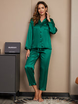 [Green] SilkSilky-UK Long Sleeve Lapel Collar Women's Pyjamas 003